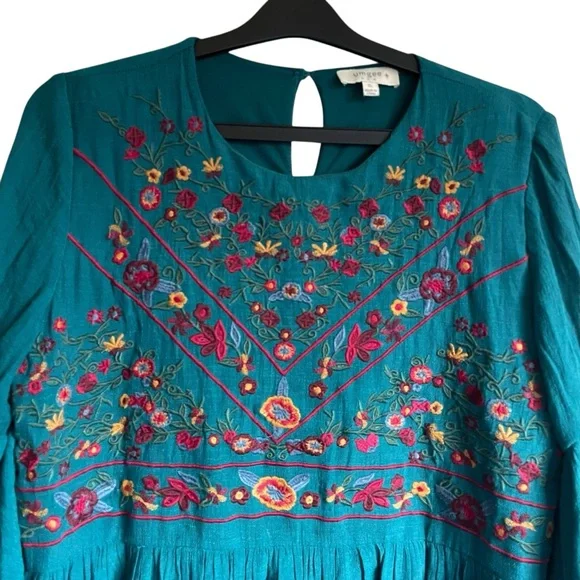 Umgee Teal Floral Embroidered Long Sleeve Dress XL - Picture 2 of 7